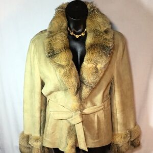 Women's Tan Fur-Trimmed Leather Jacket